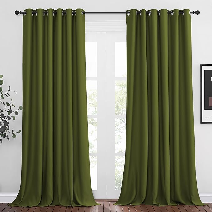 NICETOWN Bedroom Room Darkening Curtains 95 inch Length - Triple Weave Energy Saving Thermal Insulated Solid Grommet Room Darkening Draperies for Patio/Hall (1 Pair, 80 inches Wide, Olive)