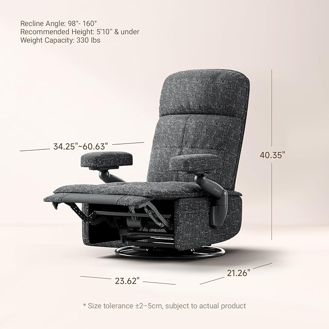 Nursery Swivel Glider Recliner Chair with Adjustable Armrests & Headrest, Rocking Chair Nursery with Removable Cover for Breastfeeding, FSC & Oeko-TEX Certified, Black