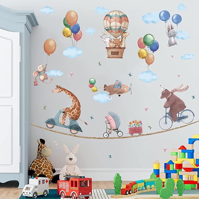 TOARTi Jungle & Woodland Animals Wall Decals - Hot Air Balloon & Elephant Giraffe Rabbit Wall Art Stickers for Baby & Kids Room Decoration