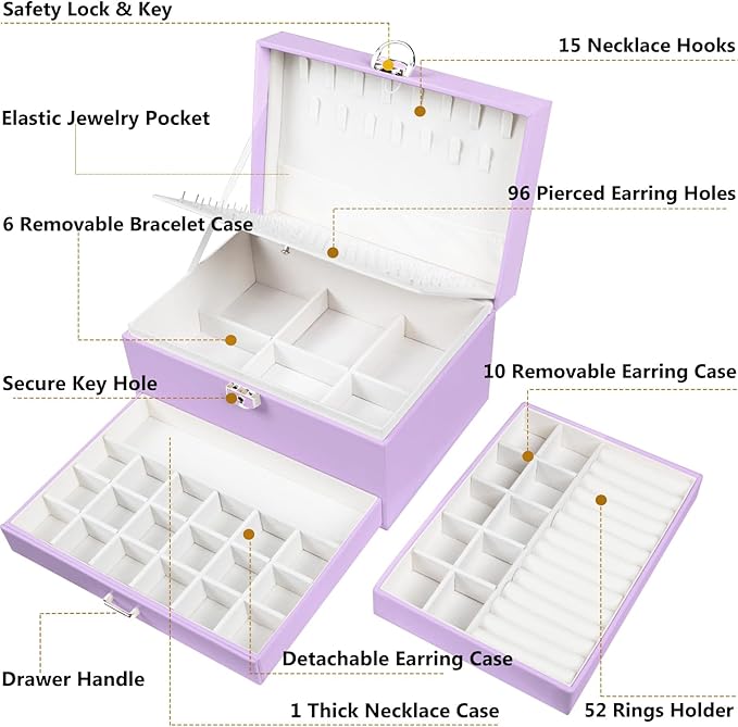 Earrings Jewelry Box for Girls, 5 Layers Jewelry Organizer with Earring Holder Organizer for Girls Earring Organizer Jewelry Boxes for Women Earrings and Necklaces Jewelry Box Organizer Violet