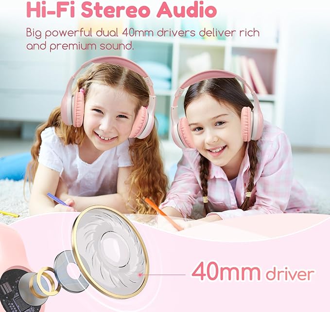 EarFun K2 Kids Bluetooth Headphones, Kids Headphones with Volume Limited, 40H Playtime, Built-in Mic, Stereo Sound, Foldable Over-Ear Headphone for School/Travel/iPad/Tablet, Pink