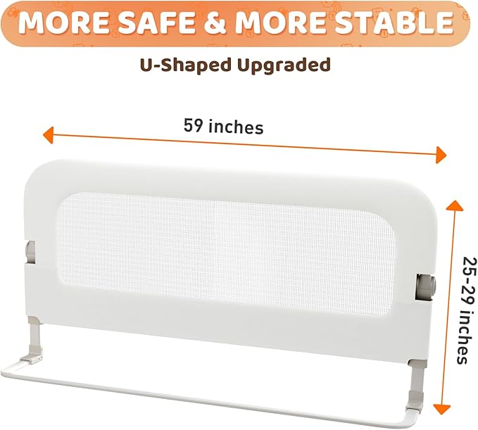 Bed Guard Rail for Toddlers - 59inch Foldable & Adjustable Height Baby Bed Safety Side Rails - Large Toddler Crib Railing Guard for Twin, Bunk, Full Size, Queen & King, Full Size Bed