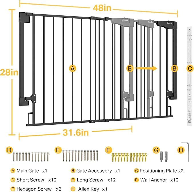 Cumbor 31.6-48" No Bottom Bar Baby Gate for Stairs, 2-in-1 Auto Close Dog Gate Indoor, Hardware Mounted Pet Gate for Doorways with Large Walk Thru Door, Child-Proof Safety Gate for Kids (Black)