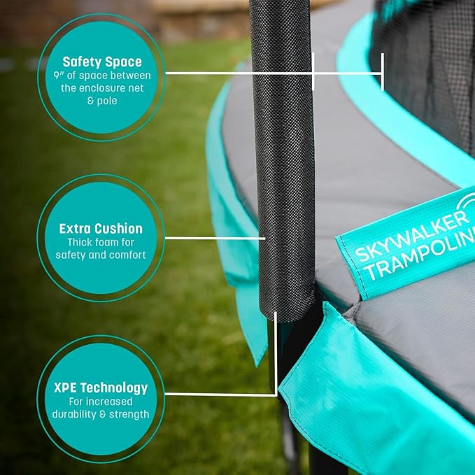 SKYWALKER TRAMPOLINES 12 FT 15 FT Round Trampoline with Safety Enclosure Net, 9 x 15 FT Rectangle Outdoor Trampoline, Recreational Trampoline for Kids