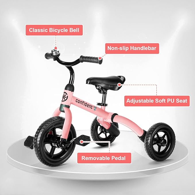 Ancaixin 3 in 1 Toddler Tricycles for 2-5 Years Old Boys and Girls with Detachable Pedal and Bell, Foldable Baby Balance Bike Riding Toys for 2+ Kids, Child Birthday Christmas New Year Gift Pink