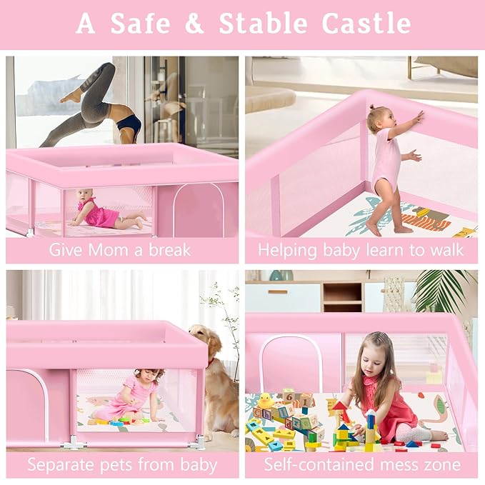 Pink Baby Playpen with Mat, 50x50 Inch Playpen with Mat Waterproof for Babies and Toddlers Play Pen for Girls Pink Playards Safety Gate Fence Active Center Indoor
