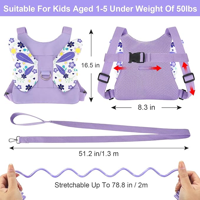 Accmor Toddler Harness Leash, Cute Butterfly Kids Leash + Anti Lost Wrist Link for Outdoor Travel, Mini Child Walking Harness Wristband Assistant Strap Belt for Baby Girls (Purple)