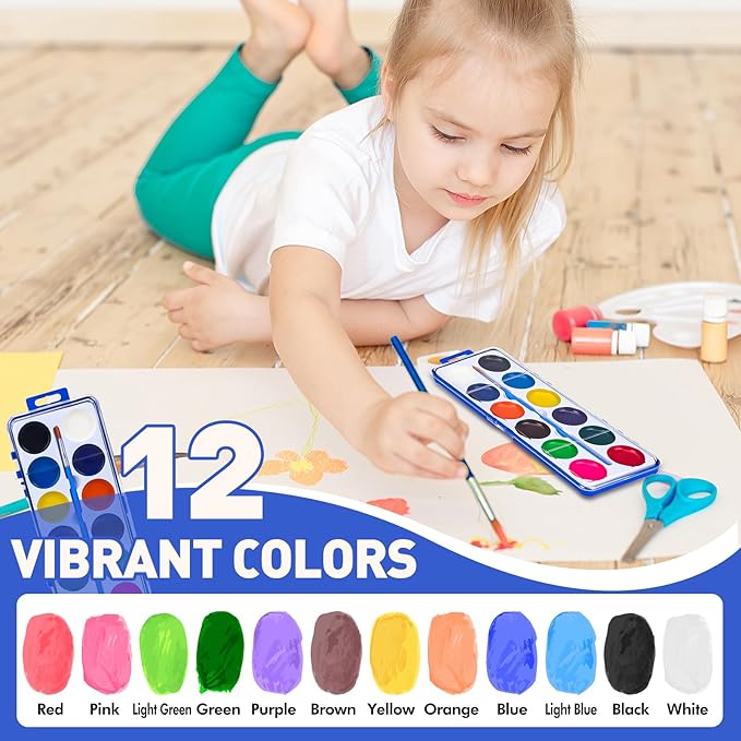 18 Pack Watercolor Paint Set for Kids, 12 Colors Watercolors Paints with Paint Brush, Kids Watercolor Paint Set for Party Favor, Classroom.