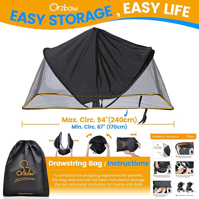 Orzbow 2-in-1 Baby Mosquito Net with UPF50+ Sunshade for Stroller, Breathable Stroller Mosquito Netting Privacy Cover with Two-Way Zipper & Storage Bag for Bassinet, Carrycot & Car Seat, Black