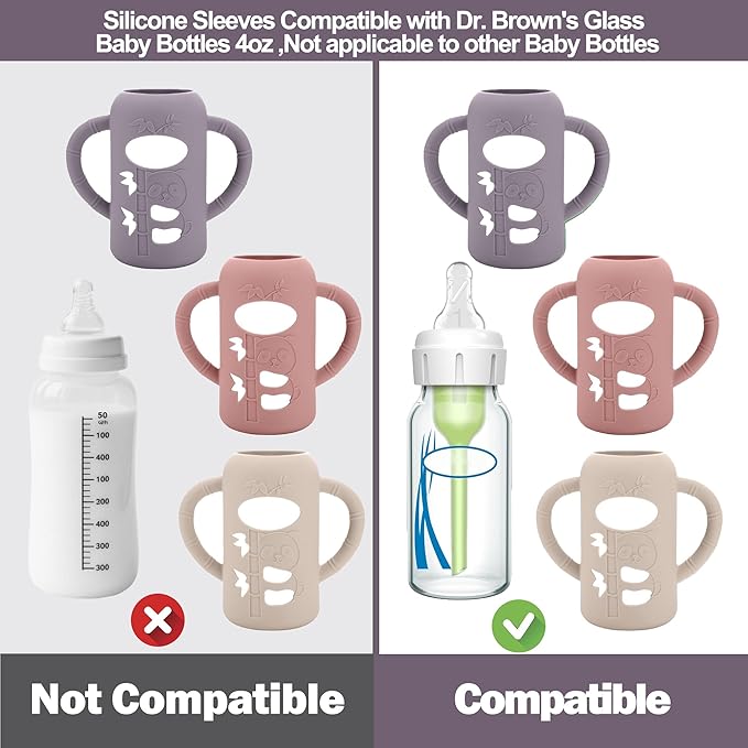 BUSOHA 3 Pack Silicone Sleeves for Dr. Brown's Glass Baby Bottles - Drop Protection Baby Bottle Sleeves,Compatible with Dr. Brown's Newborn Glass Bottles,with Silicone Handles,4 oz