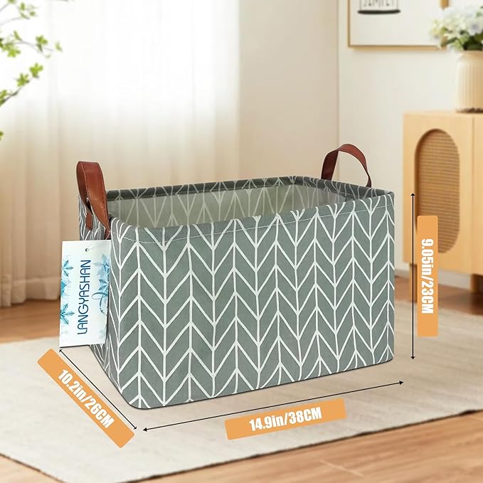 LANGYASHAN Rectangular Storage Bin Collapse Canvas Fabric Cartoon Storage Basket with Handles for Organizing Home Kitchen Boys and Girls Toys Office Closet Shelf Baskets (Rec Grey Point)