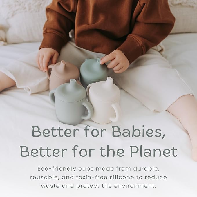 Silicone Sippy Cups with Easy Grip Transition Handles and a Soft Spout. A Non Txoic No Spill Unbreakable Training Cup. 150ml/5oz |2-PACK Sandy Shore & Green Checkers|