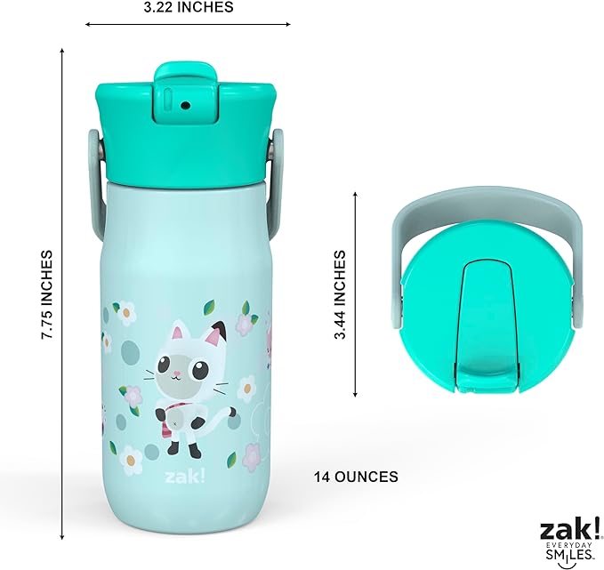 Zak Designs Harmony Gabby's Dollhouse Kid Water Bottle for Travel, 14oz Recycled Stainless Steel, Leak-Proof When Closed and Vacuum Insulated (Pandy Paws, Cakey Cat, Mercat, Kitty Fairy)