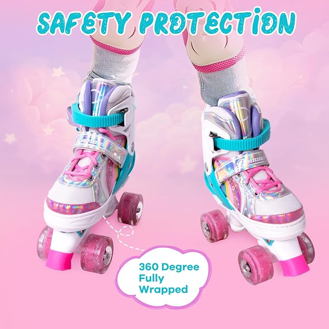 Rainbow Toddler Roller Skates - Size 4 Adjustable | Light Up Quad Skates for Girls & Boys Beginners Aged 3-12