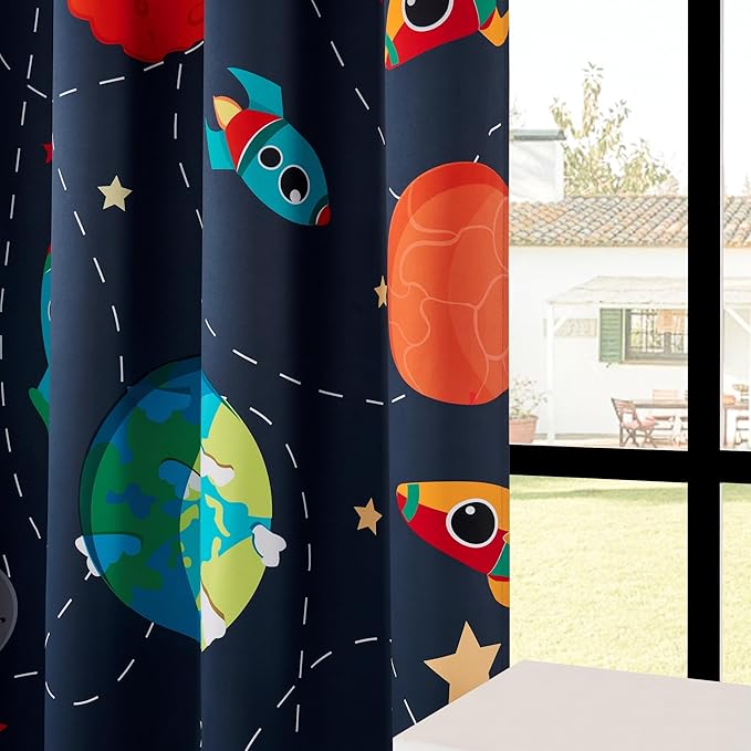 Kids Space Themed Blackout Curtains - 100% Blackout Perfect for Kids Room, Spark Kids Imagination with Vibrant Cosmos Designs, Noise Reduction, Thermal Insulated, (2 Panels W52×L84)