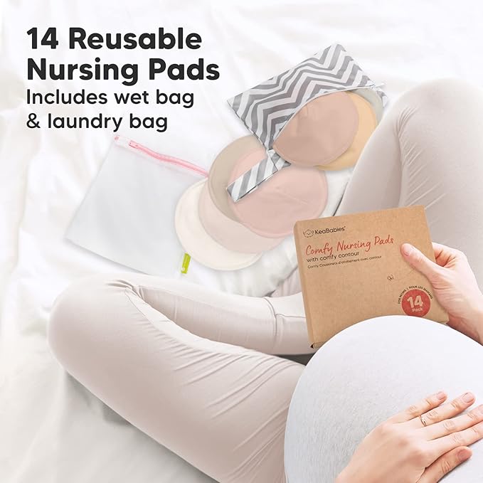 Organic Nursing Pads - 14 Washable Viscose Derived from Bamboo Breastfeeding Pads, Wash Bag, Reusable Breast Pads for Breastfeeding, Nipple Pads for Breastfeeding Essentials(Neutrals, M 3.9")