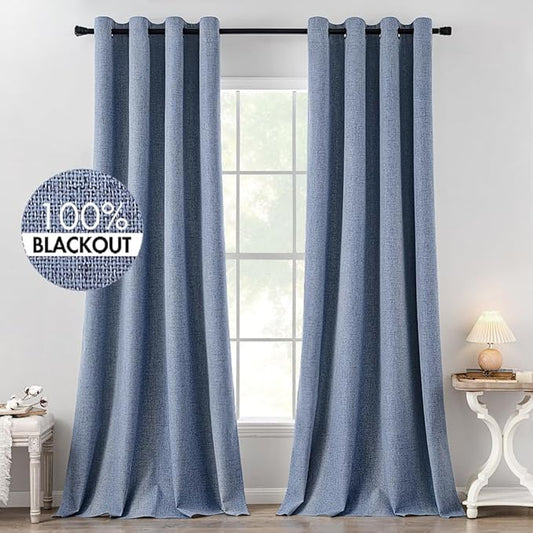 MIULEE Linen Texture Curtains for Bedroom Solid 100% Blackout Thermal Insulated Stone Blue Curtains Grommet Room Darkening Curtains/Draperies for Living Room Nursery 52x120 Inch (2 Panels)