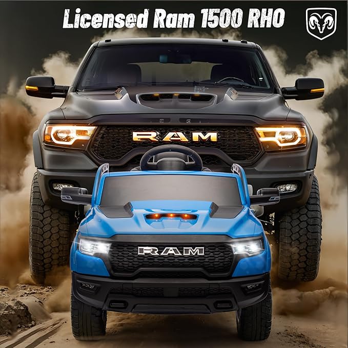 Licensed Ram 1500 Ride on Toys for Kids 4-8, Ride-on Electric Car for Kids with Remote Control, Battery Powered with Car Key/Gear Selector, LED Light/Music/MP3, Back Storage (Blue)
