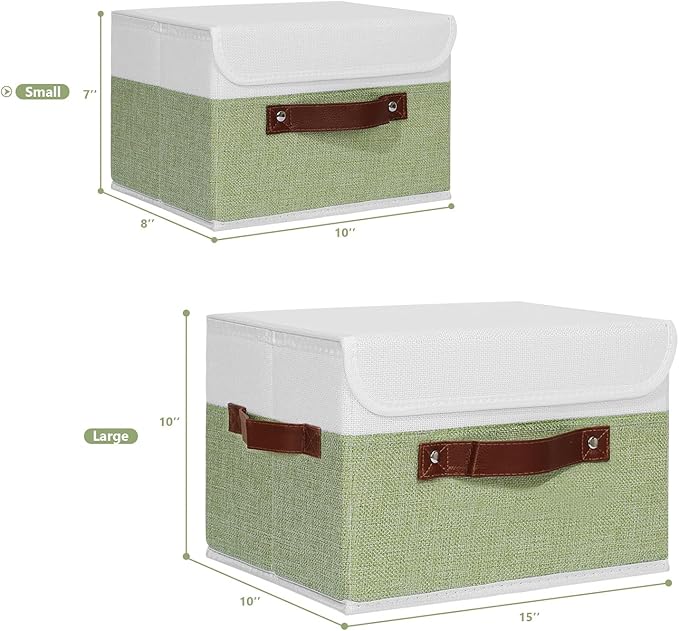 ANMINY 2PCS Storage Boxes with Lid Washable Decorative Storage Bins Basket with PU Leather Handle Foldable Linen Fabric Storage Cubes Containers for Home Closet Organizer - Green White, Small Size