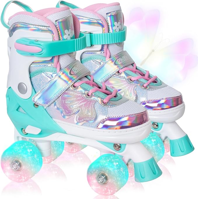 Nattork Kids Roller Skates for Girls Boys Kids, 4 Sizes Adjustable Quad Skates Butterfly and Flower with All Light up Wheels - Birthday Gift for Indoor Outdoor Sports