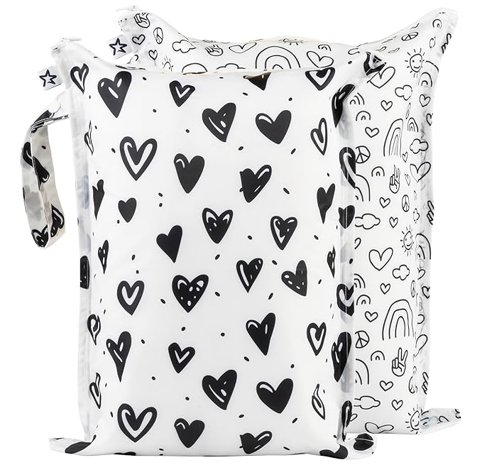 Tiny Twinkle Mess-Proof Waterproof Wet Dry Bag | 2-Pack Reusable Wet Bags for Swimsuits & Baby Clothes | Leakproof Wet Bag for Travel & Diaper Changes for Baby (Black, White)