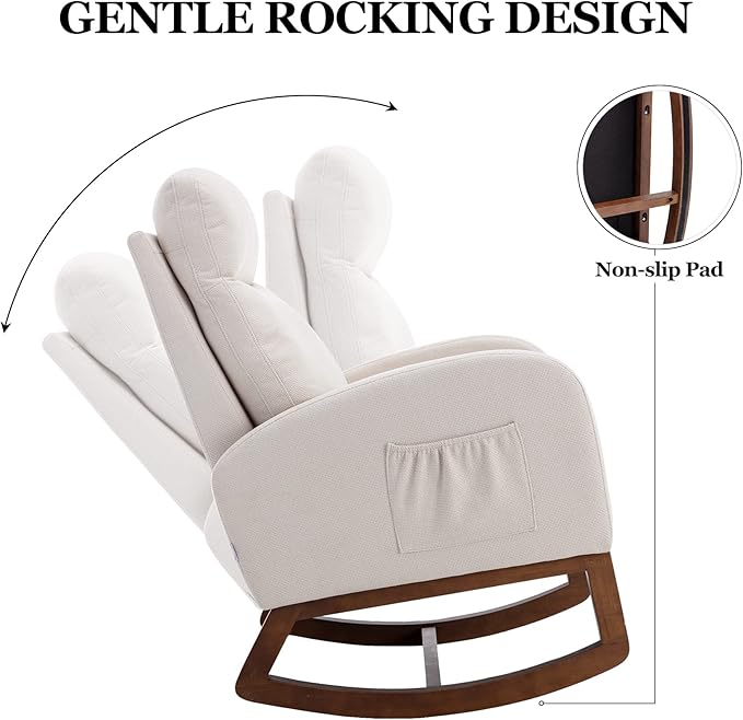 Dolonm Nursery Rocking Chair for Living Room, Upholstered Mid-Century Modern Nursery Rocking Armchair Tall Back Accent Glider Rocker, Beige