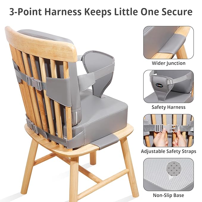 Toddler Booster Seat for Kitchen Chair, 2-in-1 Dining Table Booster Seat with Backrest & Adjustable Straps – Easy-Clean, PU Portable Toddler Eating Travel Increasing Cushion-Light Grey