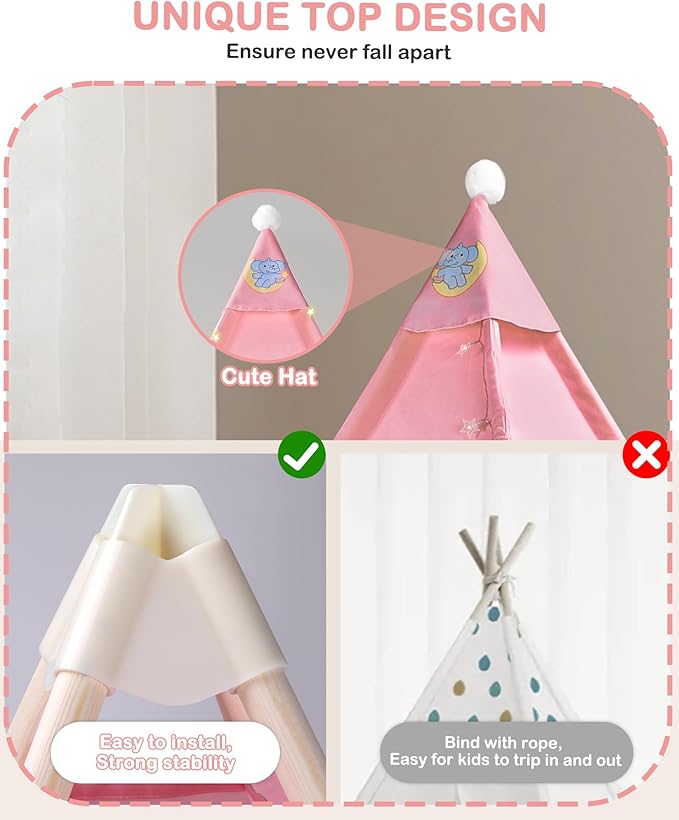 Teepee Tent for Kids with Inflatable Airbed, String Lights, Balloons, Pump, Washable Slumber Party Tent Indoor Outdoor for Girls Boys, Children Tipi Playhouse for Playtime and Sleepover