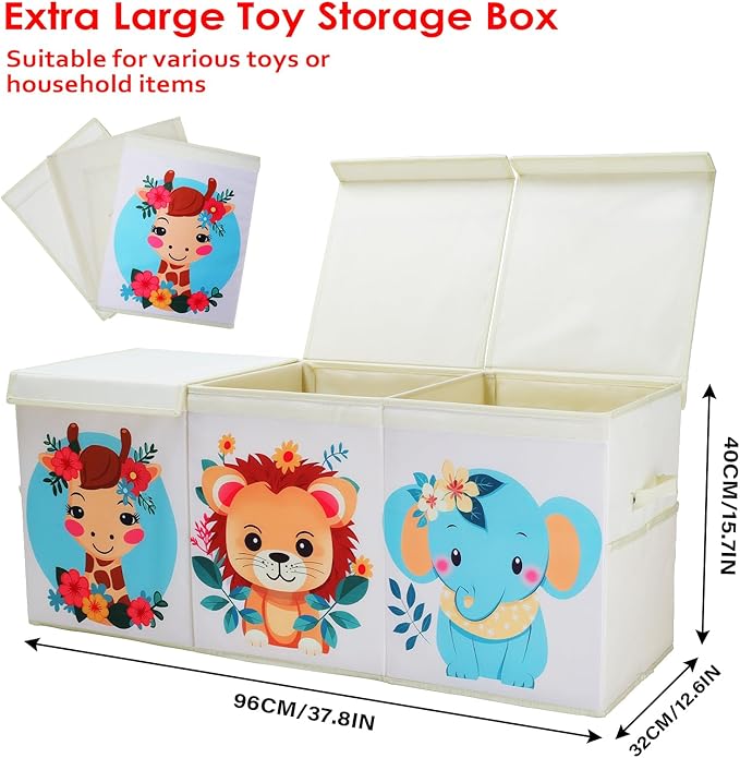 Toy Box Chest for Kids, Collapsible Oxford Toy Storage Box with Handles Mesh Pockets, Extra Large Sturdy Waterproof Organiser for Bedroom Playroom, 37.7×12.5×15.7 Inch (Cute Animal)