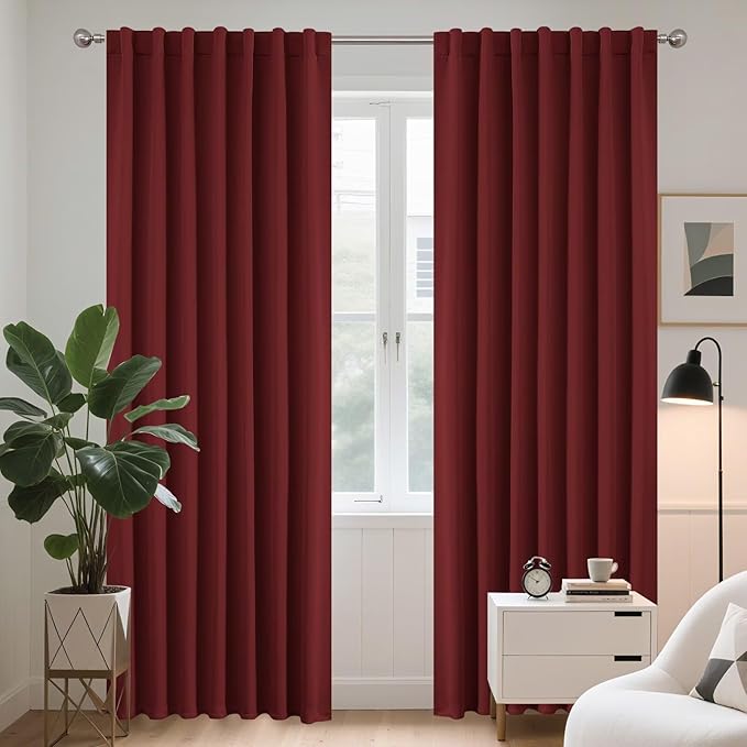 Joydeco 90 Inch Blackout Curtains for Bedroom, Thermal Insulated Black Out Curtains, Room Darkening Drapes for Living Room Window Rod Pocket Back Tab (W52 x L90 Inch, Burgundy Red)
