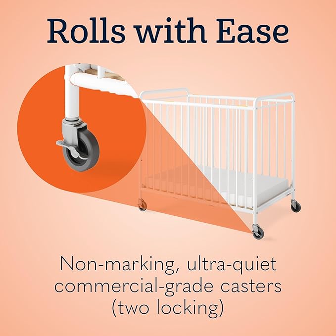 Foundations Chelsea Clearview Metal Compact Daycare Crib, 3" Casters, Compact Mini Size, Easy to Clean Durable Finish, Adjustable to Two Heights Mattress Board (White)