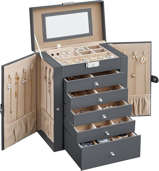 SONGMICS 6 Tier Jewelry Box, Jewelry Storage Organizer with 5 Drawers, Large Storage Capacity, with Mirror, Lockable, Jewelry Case, Gift for Loved Ones, For Watches, Gray UJBC152G01