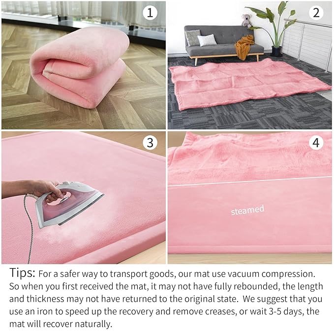 Baby Play Mat for Floor,1.3" Thick Memory Foam Tummy Time Mat,Soft Coral Velvet Nursery Rug,Extra Large Non Slip Crawling Mat for Toddlers,Infants,Kids,Yoga Mat,Tatami Mat for Living Room(Pink)