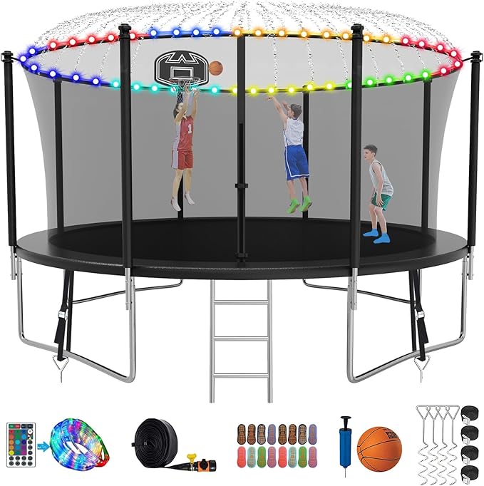 SKYUP Tranpoline 1500LBS 16 15 14 12 10 8 FT Tranpoline for 7-10 Kids and Adults, Windproof Outdoor Tranpoline with Enclosure Net, Basketball Hoop, Easy to Install & Last Long - ASTM Approved