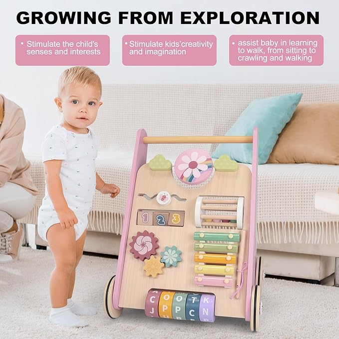 Wooden Baby Walker Wheels,Baby Push Walker for Babies 12 Months+ Montessori,Toddler Walker Push Toy Wooden Activity Walker for Boy,Walking Toys12 Months+ Learning to Walk