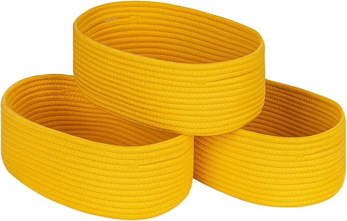 Shelf Storage Baskets for Organizing|Decorative Basket for Closet Storage|Toy Baskets&Bins|Small Woven Rope Baskets-13x8.66x5.11’’,Durable&Stylish,Oval 3 Packs Yellow
