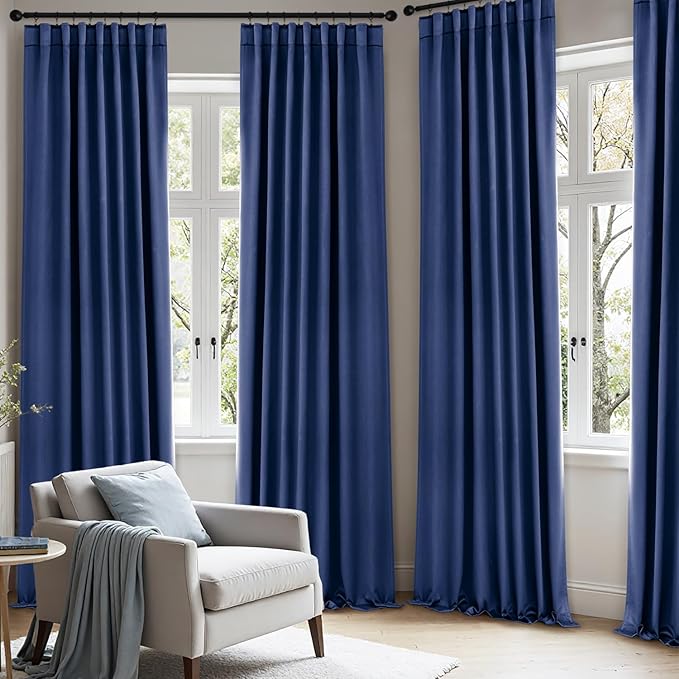 ANRODUO Back Tab Blackout Curtains for Bedroom Living Room, Rod Pocket Pinch Pleated Thermal Insulated Room Darkening Curtains 63 Inches Long 2 Panels, Navy Blue, 42 x 63 Inch