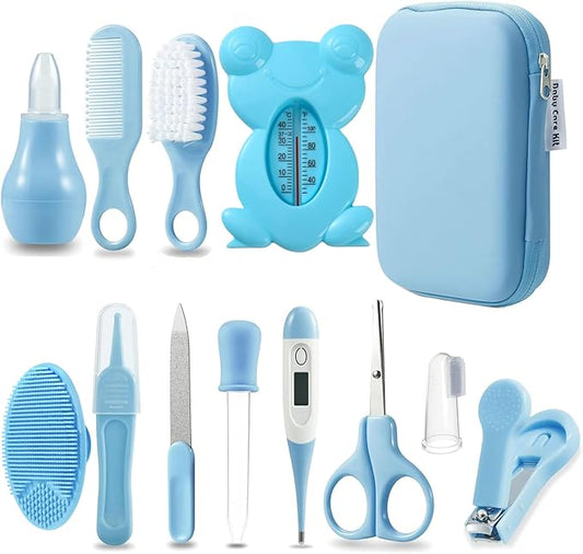 PandaEar Baby Healthcare and Grooming Kit, Baby Safety Set Baby Comb, Brush, Finger Toothbrush, Nail Clippers, Scissors, Nasal Aspirator, Baby Essentials Nursery Care Kit (13-in-1 Blue)
