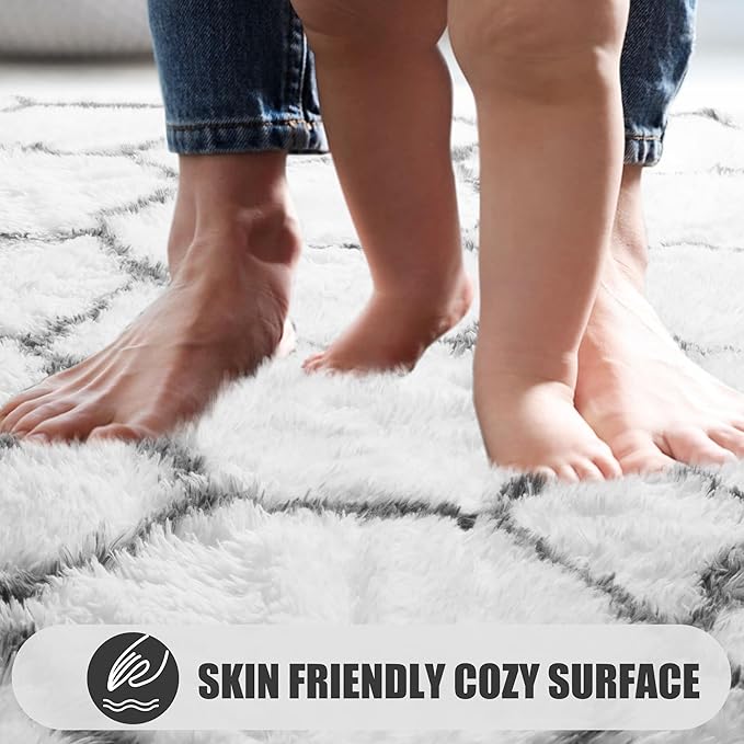 ONASAR 8x10 Area Rugs for Living Room, Washable Fluffy White and Grey Rug for Bedroom, Geometric Moroccan Indoor Shaggy Boho Soft Plush Floor Carpet for Kids Teen Nursery Dorm Home Decor Aesthetic