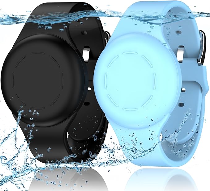 R-fun Portable Electronic Device Cover for Kids, Waterproof Airtag Bracelets [2 Pack] - Soft Silicone, Anti-Lost GPS Item Finders Case Cover, Black/Glow Blue