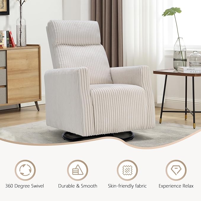 CANMOV Swivel Rocker Chair for Nursery, Swivel Accent Chair with High Back and Arms, Corduroy Glider Chair for Living Room Bedroom Nursery, Beige