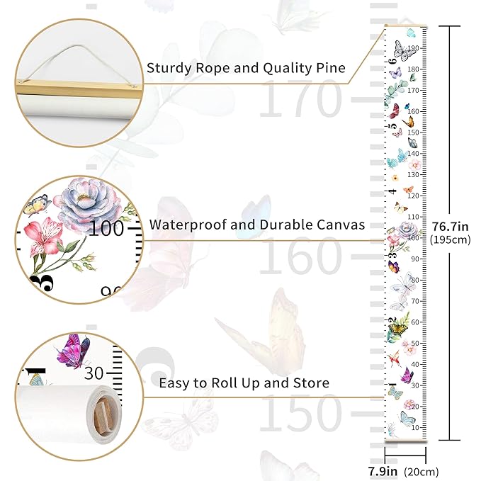 Baby Growth Chart for Wall - Height Chart for Kids Nursery Decor Wall Hanging Measurement Ruler with Black Wood Scroll Toddlers Room Decor Birthday Christmas Gifts for Boys Girls 79"X7.9" (Butterfly)