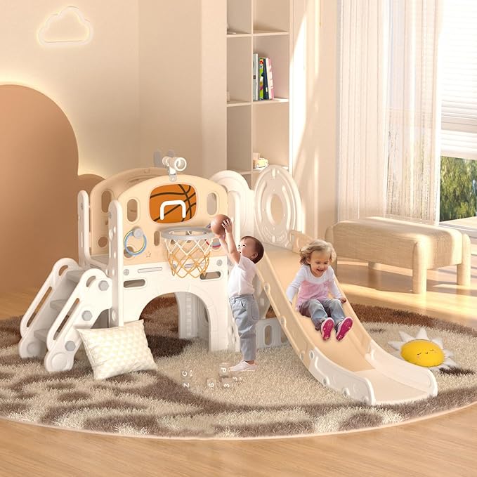 XJD 8 in 1 Toddler Slide Set, Kids Slide for Toddlers Age 1+, Toddler Climber Slide PlaySet with Basketball Hoop and Ball,Outdoor Indoor Playground for Toddlers 1-3 (Beige Coffee, 8 in 1)