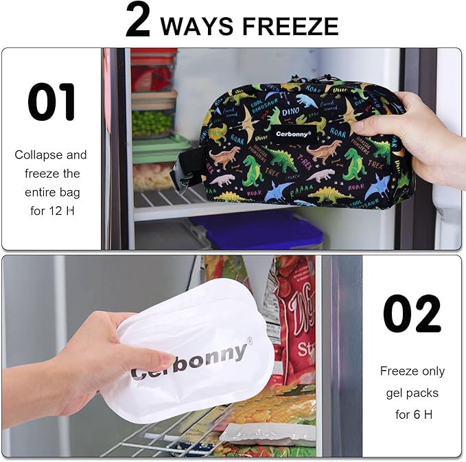 Cerbonny Freezable Cooler Bag for Work/School Travel - Mini Insulated Bag Fit For Yogurt, Suit for 3+(Black Dinosaur)