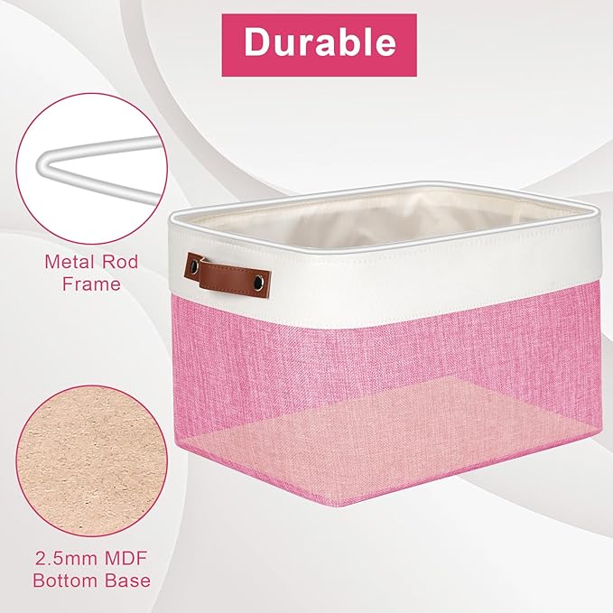 Storage Bins Large Fabric Storage Baskets for Shelves 3 Pack, Decorative Linen Closet Baskets with Handles for Organizing, Shelf, Clothes, Home, Office, 15x11x9.5Inches (Pink&White)