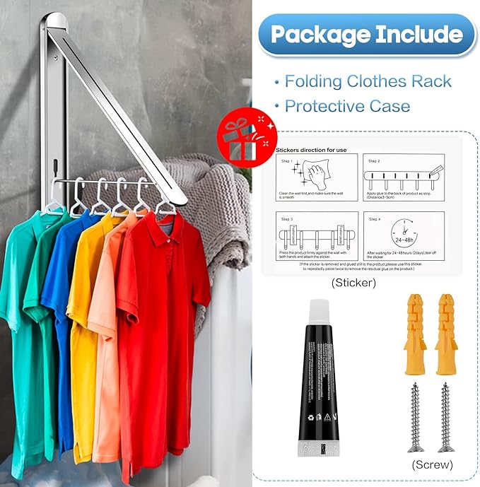 Wall Mounted Clothes Drying Rack - Foldable Indoor Laundry Rack,Space Saving Collapsible Clothes for Bathroom, Dorm, Apartment, RV, Laundry Room Organization.(Silver-Aluminum)