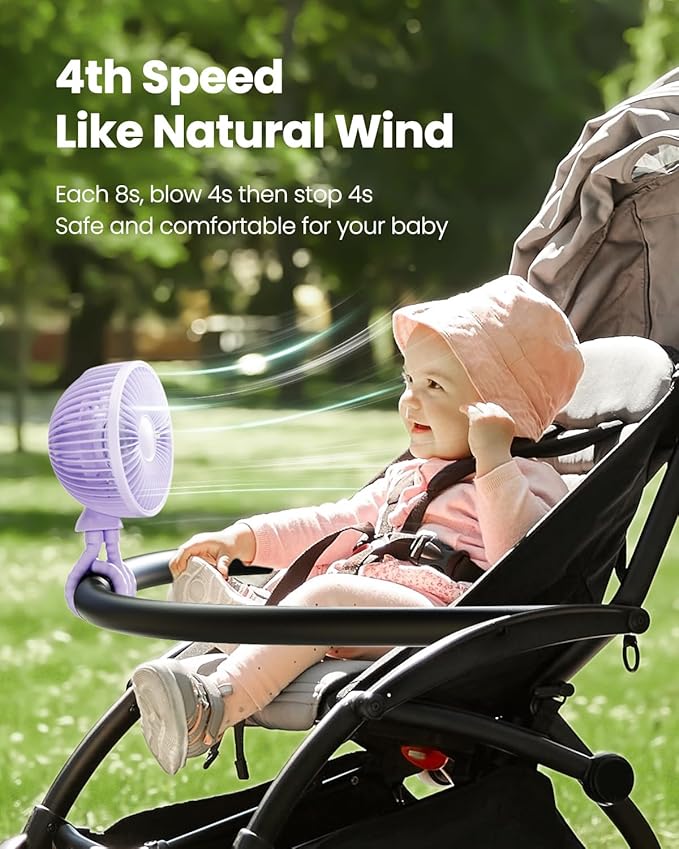 Gaiatop Oscillating Baby Stroller Fan with LED Night Light, 4 Speeds Cooling Rechargeable 360° Rotate Clip On, Battery Operated Small Portable Fans for Car Seat Crib Treadmill Travel