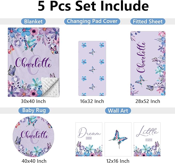 Personalized 5-Piece Crib Set, Custom Bedding With Name for Girls, Purple Butterfly Nursery Set, Gifts for Infants, Toddlers, New Parents
