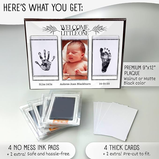 Baby Hand and Footprint Kit with Photo & Birth Details, Inkless Hand and Footprint Kit, Newborn Keepsake Plaque, Baby Shower Gifts (STYLE 1 (Fully Personalized) (Welcome Little One))