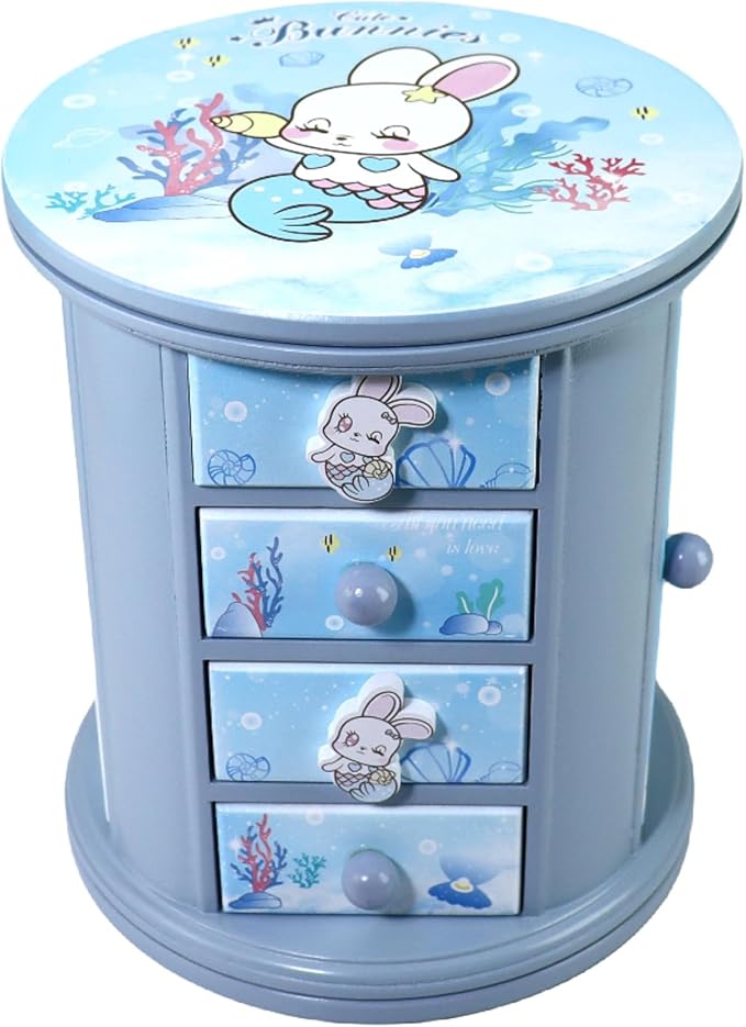 Girls Blue Cute Bunny Jewelry Box Organizer - Kids Gift for Little Girls